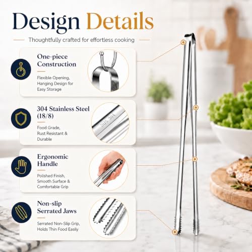 Stainless Steel Kitchen Tongs Set of 3, 6-11.5in Non-Slip Silver