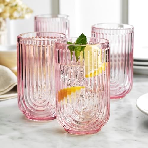 Glaver's Vintage Glassware Art Deco Glasses Ribbed Drinking Glasses U-Shape Arch Design Colored Cocktail Kitchen Tumblers Everyday Dinner Decorative Party Hand-Wash Only (Pink S/4 17oz)