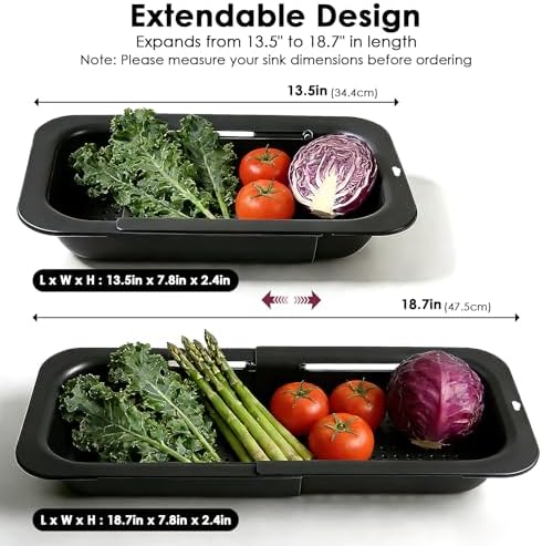 Extendable Colander Strainer Basket, Over the Sink Colander and Strainer for Kitchen, Wash Vegetables and Fruits, Drain Pasta and Dry Dishes, Adjustable Colander from 13.5In to 18.7In, Black