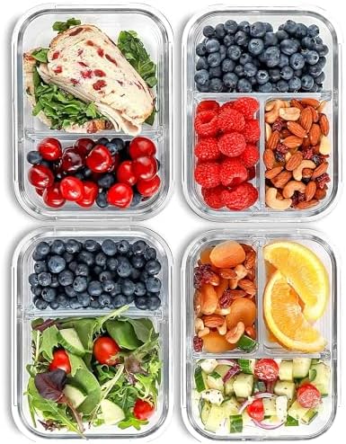 Glass Meal Prep Containers 2 and 3 Compartments, Leak-Proof, 32 oz, 4 Pack