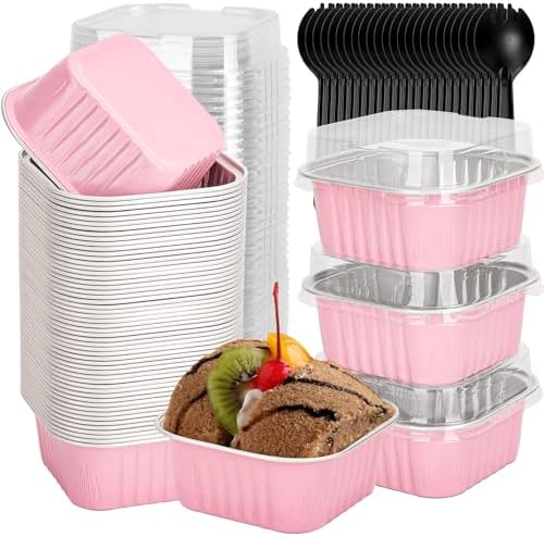 selizo 60 Pack 5oz Mini Disposable Cake Pans with Lids, Aluminum Foil Square Baking Cups, 3.5x3.5 Small Baking Cake Tins Cup Cake Containers with Lids for Individual Cakes