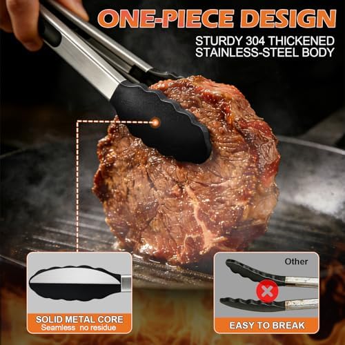 TACGEA Stainless Steel Kitchen Tongs with Silicone Tips, Locking Grilling Food Tongs, 7" 9" and 12", Set of 3 Black