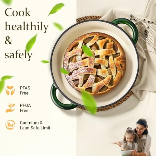 Overmont Enameled Cast Iron Dutch Oven - 7QT Pot with Lid Cookbook & Cotton Potholders - Heavy-Duty Cookware for Braising, Stews, Roasting, Bread Baking GlossyGreen