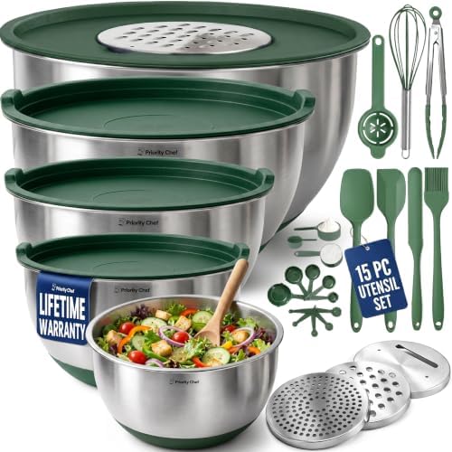 28pc Stainless Steel Mixing Bowls with Lids Set, 1.5-5 Qt, Green