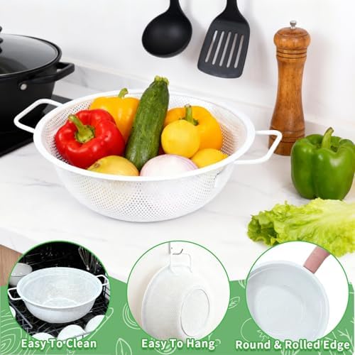 White Stainless Steel Colander Set of 3, 2, 3 & 5 Quart Metal Kitchen Strainers with Handles and Non-Slip Feet, Pasta Drainer for Rinsing Rice, Fruits and Vegetables, Dishwasher Safe
