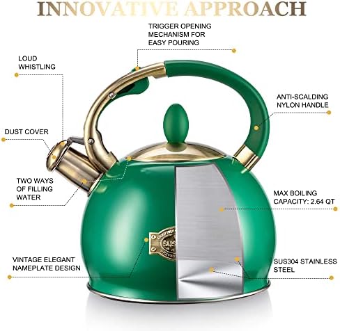 SUSTEAS Whistling Tea Kettle, 2.7QT Food-Grade Steel Teapot, Green