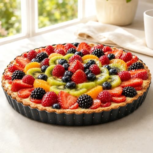 10 Inch Perforated Quiche Pan for Crispy Crust. Removable Bottom, Non-Stick Coating, Rugged Carbon Steel Dish for Tart Quiche Pie Baking. Gift for Christmas Thanksgiving Party