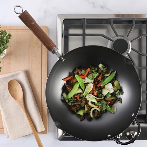 Martha Stewart Chisholm 13.5-Inch Carbon Steel Nonstick Wok, PFAS-Free Wok Pan & Flat Bottom Stir Fry Pan with Long Walnut Wood Handle & Helper Handle, Black