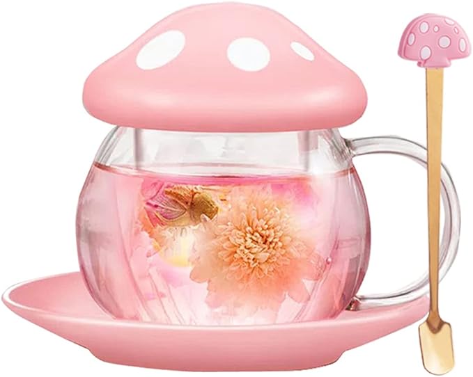 Mushroom Tea Cup Set, Cute Glass Tea Cups and Saucers, Kawaii Tea Cup with Infuser for Loose Leaf Tea Steeper, Coffee Mug Christmas Gifts for Women, Tea Infuser Mug with Lid for Mother Girls (Pink)