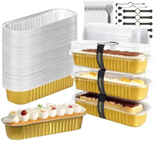 100 Pack Mini Cake Pans with Lids and Spoons, Mini Loaf Baking Pans 6.8oz, Small Disposable Aluminum Foil Loaf Pans, Rectangular Baking Containers for Party and Picnics, Cheesecake Pans (Gold)