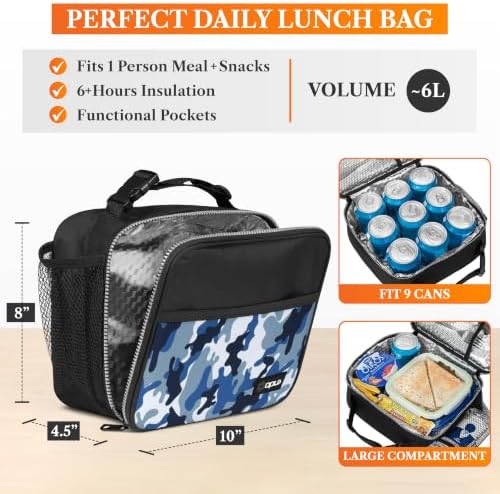 opux Insulated Lunch Bag for Kids, Reusable Lunch Box for School, Camo Blue