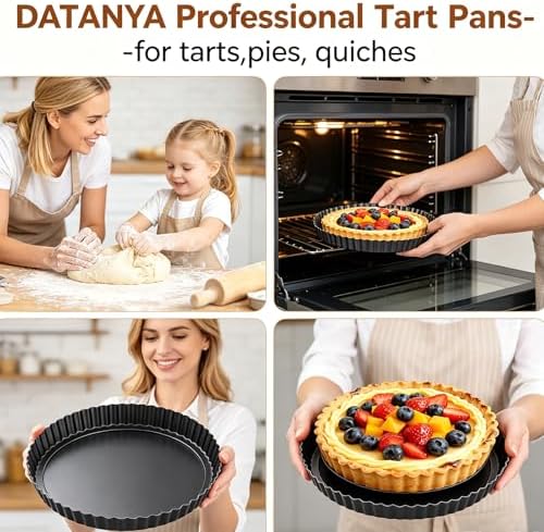 DATANYA Tart Pans with Removable Bottom 10 Inch Quiche Pan, Heavy Duty Carbon Steel Round Non-stick Fluted Pie Tart Pan for Mousse Cakes, Christmas Dessert Baking (10.2 Inch 1pc)