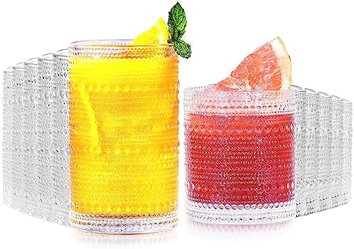Vintage Hobnail Drinking Glasses Set of 12-14 oz Old Fashioned Water Glass Cups & 11 oz Cocktail Glasses, Aesthetic Kitchen Bar Tumbler Glassware Gifts Sets for Smoothie, Juice, Coffee, Wine