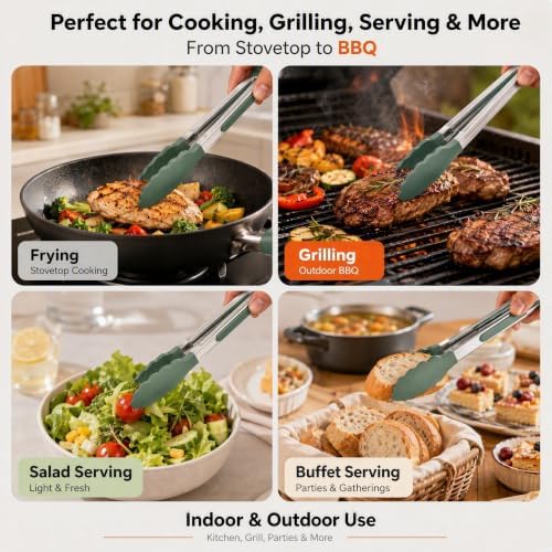 Kitchen Tongs with Silicone Tips, Locking Cooking Tongs, Set of 3