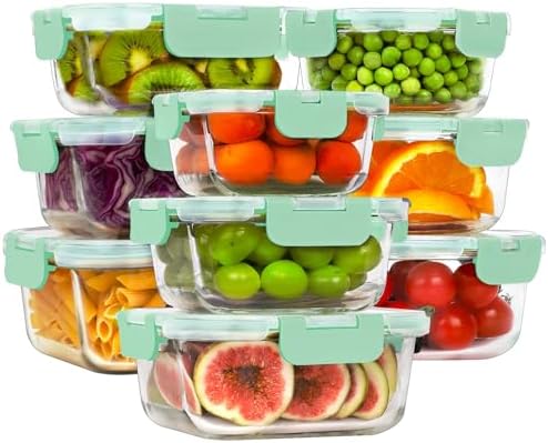 18 Piece Glass Food Storage Containers with Snap Locking Lids for Meal Prep