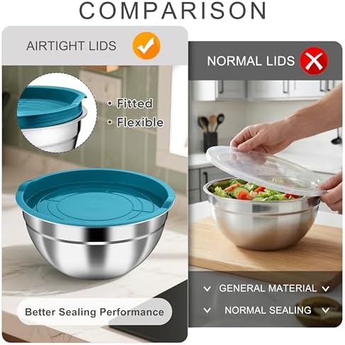 HaWare Mixing Bowls with Airtight Lids, 6-Piece Stainless Steel Salad Bowls