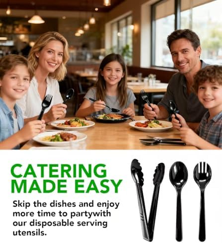 36 PCS Plastic Serving Utensils, Disposable Serving Spoons Forks Tongs for Buffet Serving Utensils Set for Parties Black Serving Utensils for Restaurant Dinner Salad Noodles Soup