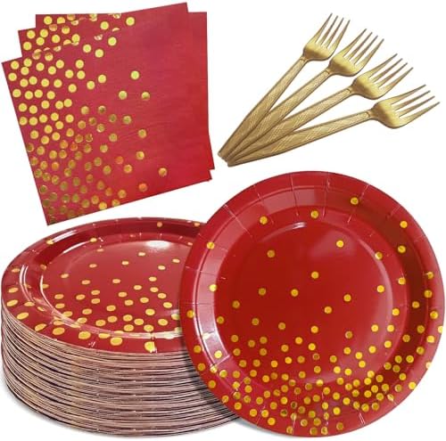 Red and Gold Paper Plates Napkins Party Supplies,Serves 35 Guests
