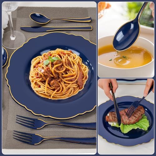 WDF 180PCS Blue Plastic Silverware -Blue and Gold Plastic Cutlery 60 Forks, 60 Knives, 60 Spoons - Heavy Duty Disposable Silverware for Party/Wedding/Birthday/Hanukkah