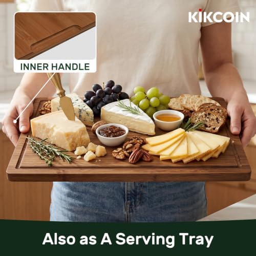 Kikcoin 20”×14” Deep-Carbonized Bamboo Cutting Boards for Kitchen, Healthy Wooden Cutting Boards for Kitchen, Charcuterie, Vegetables, Extra Large Chopping Boards with Deep Juice Groove and Handle