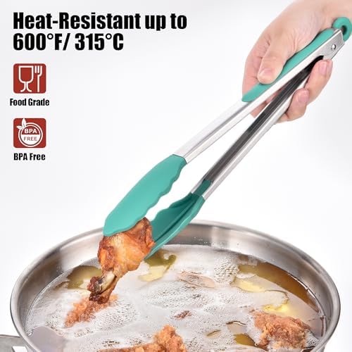 Doosu Kitchen Tongs with Silicone Tips for Cooking Serving (3Pcs, Aqua Sky)