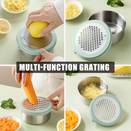 Cheese Grater with Container & Lid, Multi Functional Stainless Steel Box Grater, Handheld Grater Bowl for Kitchen,Lemon Zester for Parmesan, Cheeses, Ginger, Chocolate, Vegetables, Butter (Mint Green)
