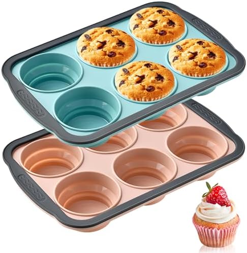 RAYBIN 2 Pack Silicone Muffin Pans for Baking, 6 Cup Nonstick Cupcake Pan