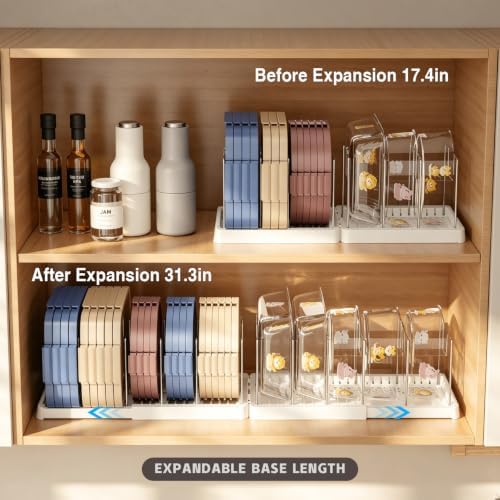 Magheo 1 Pack Expandable Food Storage Container Lid Organizers, 31.3" Pots and Pans Organizer Under Cabinet with 12 Adjustable Dividers Pot and Pan Lid Holders Rack Inside Cabinet(White)