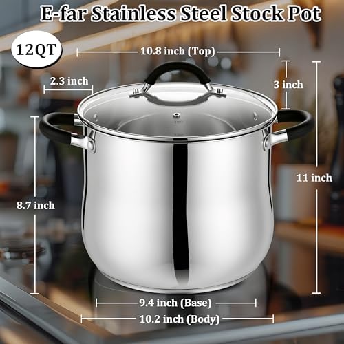 E-far 12 Quart Stock Pot with Lid, Stainless Steel Pot for Soup Simmering