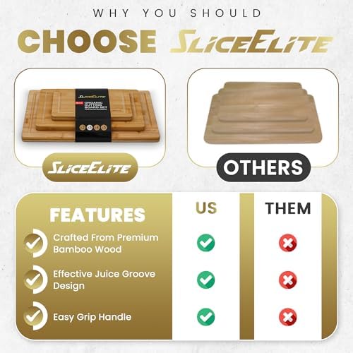 SliceElite Wood Cutting Board - 3 Piece Bamboo Cutting Board Set, Wooden Cutting Boards for Kitchen with Deep Juice Groove, Side Handles - Wood Chopping Boards for Meal Prep, Meat, Vegetables