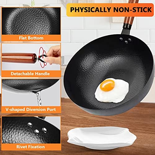 14 Piece Carbon Steel Wok Pan, Woks & Stir-Fry Pans Set with Wooden Lid Cookwares, No Chemical Coated Flat Bottom Chinese Pan for Induction, Electric, Gas, Halogen All Stoves - 12.6''