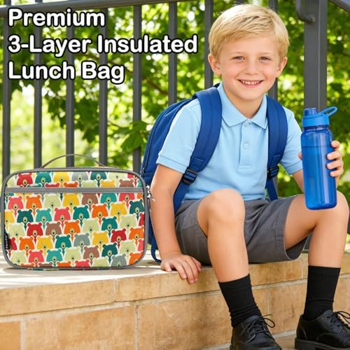 FlowFly Kids Lunch box Insulated Soft Bag Mini Cooler Back to School Thermal Meal Tote Kit for Girls, Boys, Bear
