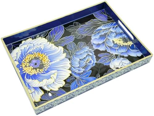 Serving Tray with Handles, 15.7 * 11.8 inches, Plastic Ottoman Tray with Exquisite Paintings, Trays for Coffee Table