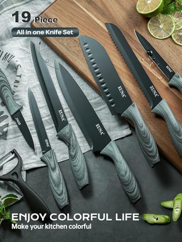 EUNA Knife Block Set, 19 PCS Kitchen Knife Set with Acrylic Block and Sharpener, German High-Carbon Stainless Steel Knife Sets with 6 Serrated Steak Knives, Bread Knife, Chef Knife, Dishwasher Safe