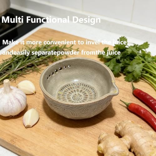 Handmade Pottery Garlic Grater Herb Stripper Bowl, 2-in-1 Ceramic Herb Stripper and Garlic Grater Bowl, Different Sizes of Round Holes, Kitchenware for Root Removal