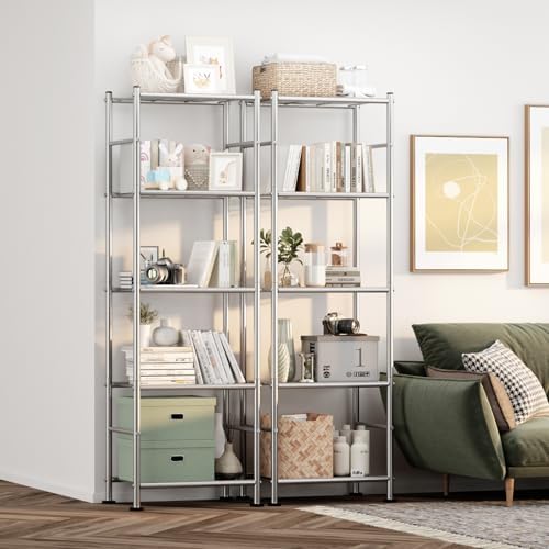 Sakugi 2-Pack 5-Tier Metal Storage Shelves, 18.4"x12.6"x57.4", Silver
