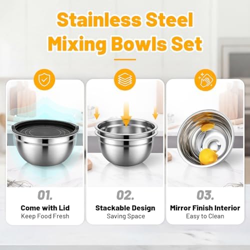 Beasea Mixing Bowls with Lids, 2 Pack 1.5 QT Small Stainless Steel Mixing Bowls with Lids, Nesting Metal Bowl Set for Kitchen, Baking, Prepping, Serving, Cooking