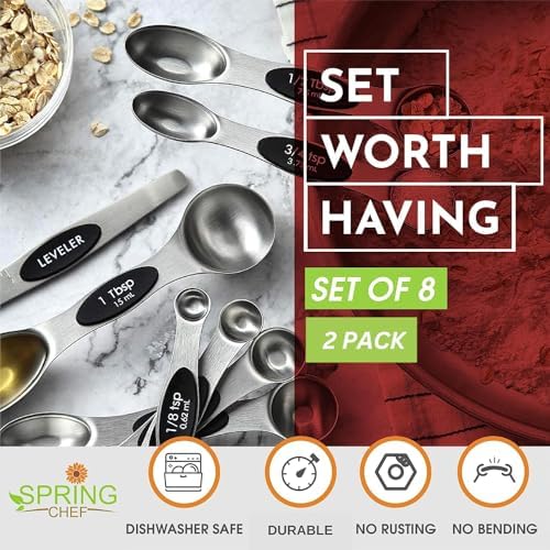 Spring Chef Stainless Steel 8 Magnetic Measuring Spoons Set, 2 Pack, Black