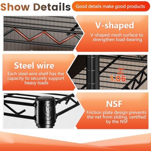 BestOffice | 6-Tier Wire Shelf with Wheels | 45" x 18" x 82" | Black