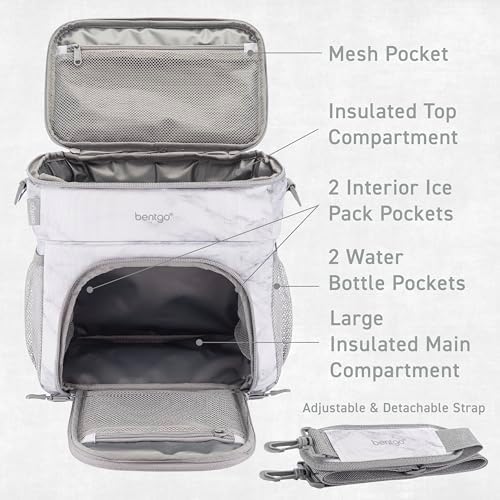 Bentgo Prep Deluxe Insulated Multimeal Bag - Lunch Box Bag, Holds 5 Meals, Premium Insulation up to 8 Hrs, Durable, Water-Resistant - Large Capacity For Adult Meal Prep (White Marble)