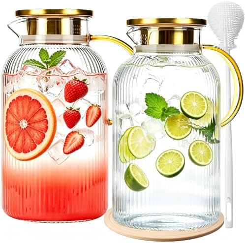 2 Pack Glass Pitchers with Handle and Lid, 68oz/2 Liter Stripes
