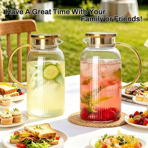 Buaic 2 PACK Glass Pitcher with Lid, 84 oz/ 2.5 Liter Glass Water Carafe