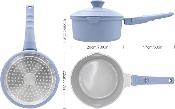 Ceramic Saucepan with Lid, 2.5 Quart Small Cooking Pot, Sauce Pan Nonstick with Pour Spout, Milk Pan with Detachable Handle, Induction Pot, Oven Safe, PFOA Free, Blue