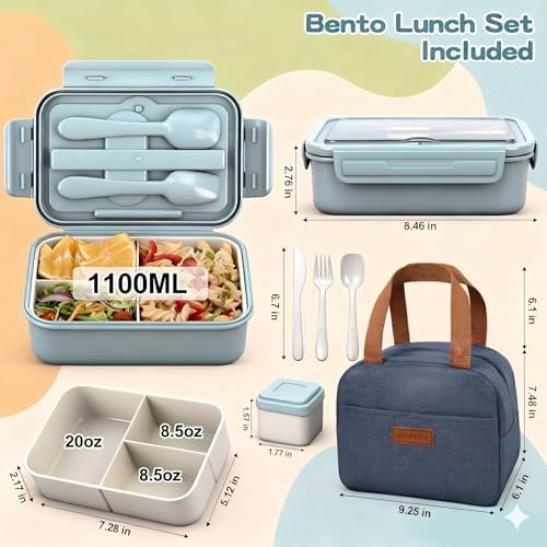 1100ml Bento Box with Bag, Leak Proof with Utensil &Sauce Box Blue