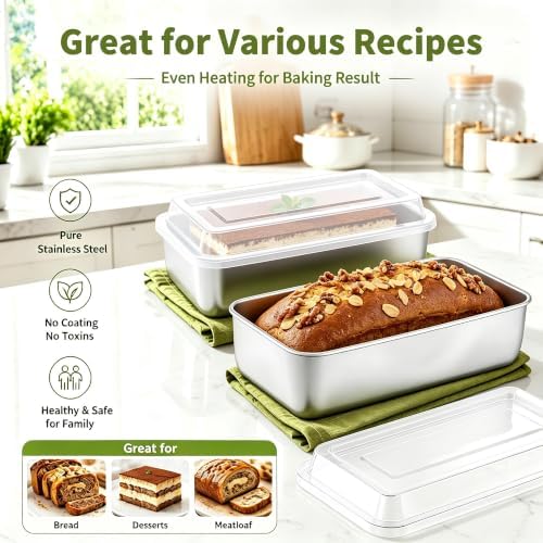 P&P CHEF Loaf Pan with Lid, 9 x 5 Inch Stainless Steel Bread Pan, 2PCS