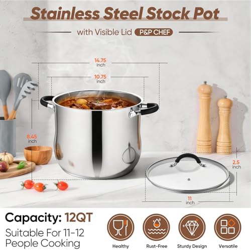 P&P CHEF 12 Quart Stainless Steel Stock Pot, Cooking Pot with Visible Lid