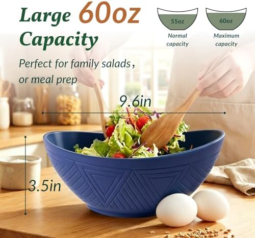 Homienly Wheat Straw Bowls, 9.6 inch Salad Bowls, Large Serving Dishes for Wedding Parties, Camping, 60 OZ Bowl Set for Salad, Popcorn, Oval Shape, Microwave & Dishwasher Safe, Set of 4, Dark Blue