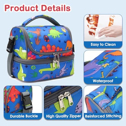 FlowFly Kids Double Decker Cooler Insulated Lunch Bag Large Tote for Boys, Girls, Men, Women, With Adjustable Strap, Dinosaur