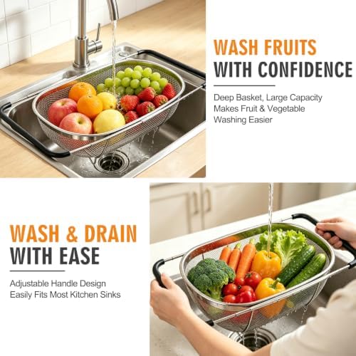 Palksky Over the Sink Colander, Stainless Steel Fine Mesh, 6 Quart 2 Pack