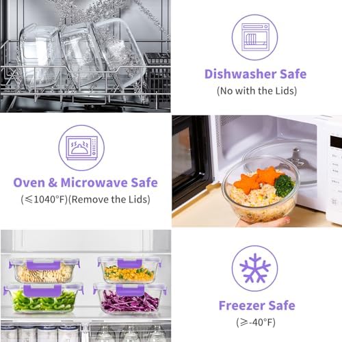 34pcs Glass Food Storage Containers with Lids Set, Airtight Glass Meal Prep Containers (17 Containers & 17 Lids), Leak Proof Lunch Container BPA-Free, Microwave, Oven, Freezer, Dishwasher Safe-Purple